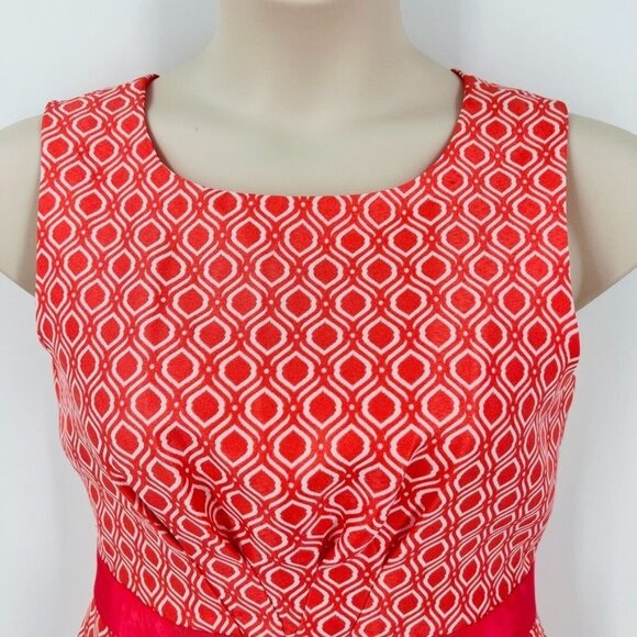 Tahari Arthur Levine Geometric Print Dress Size 8 Coral White Zip Close Ribbon - Picture 3 of 11